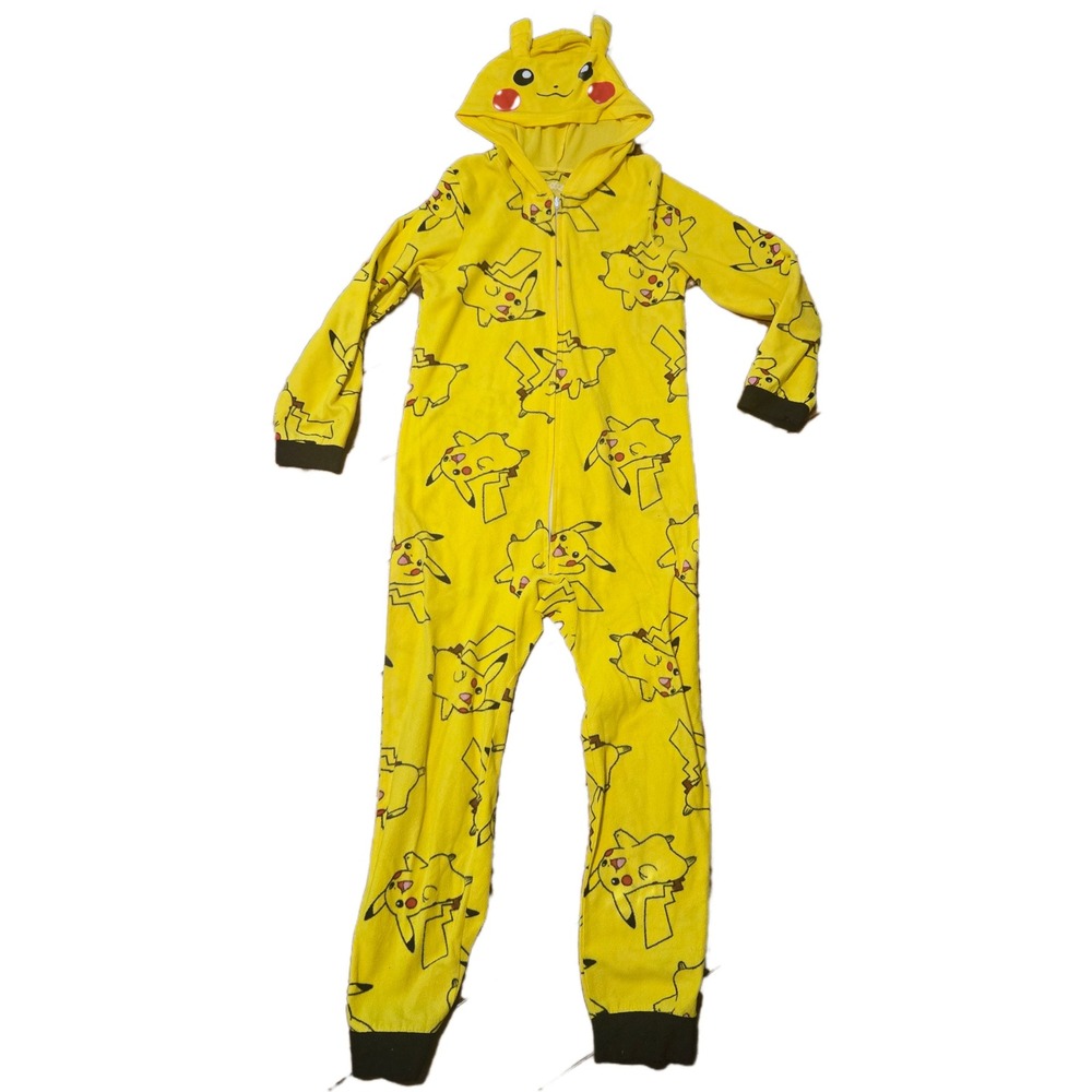 Pokemon Pikachu Kids Hooded Union Suit One Piece Pajamas Yellow Size L 12/14